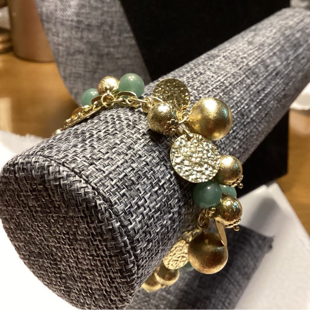Goldtone Giant Spring Ring Gold and Green Charms Bracelet